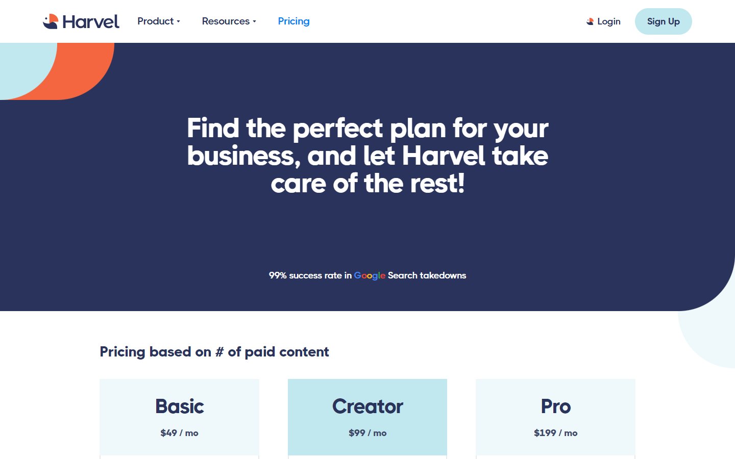 Harvel pricing page — $49 to $199 per month based on protected assets